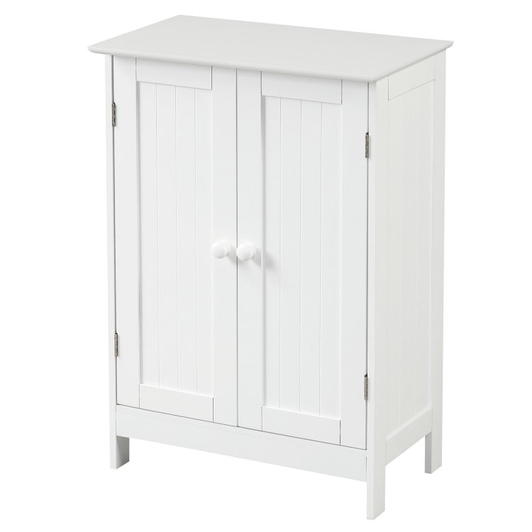 White bathroom floor storage cabinet with double doors and two shelves, perfect for organizing toiletries and essentials.