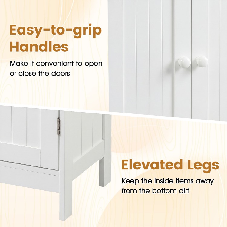 White bathroom floor storage cabinet with double doors, elevated legs, and easy-to-grip handles for versatile organization.