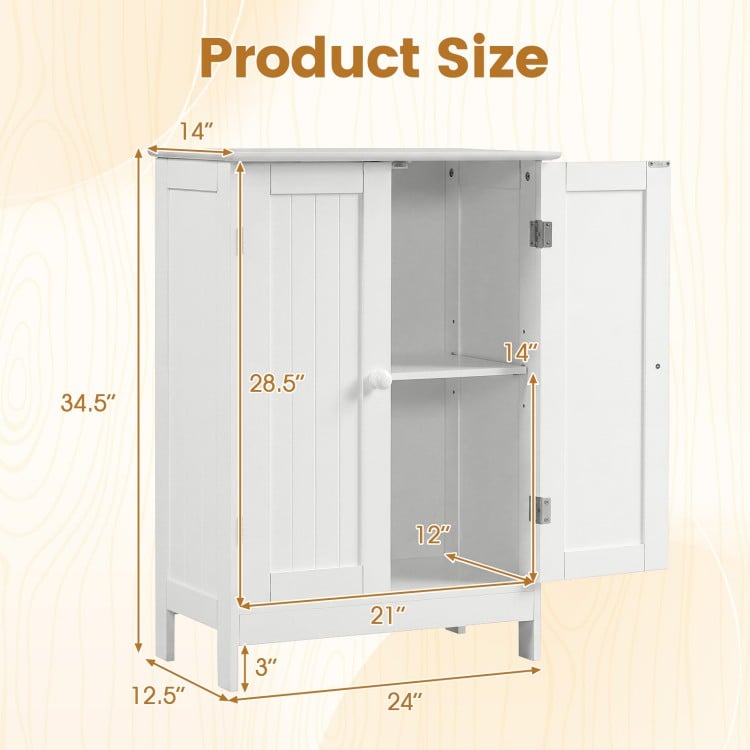 White bathroom floor storage cabinet with double doors and two shelves, ideal for organizing toiletries and other items.