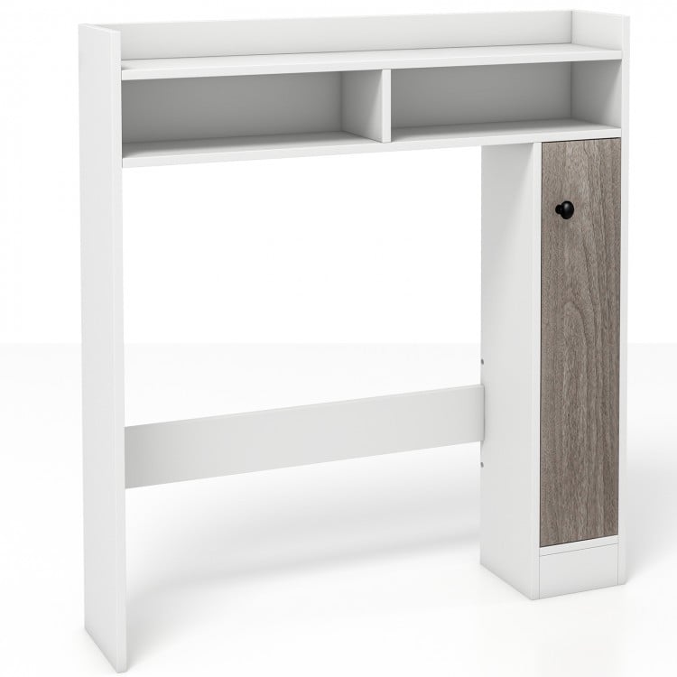 Bathroom over-the-toilet storage organizer in white with adjustable shelves and a wood grain cabinet for efficient.