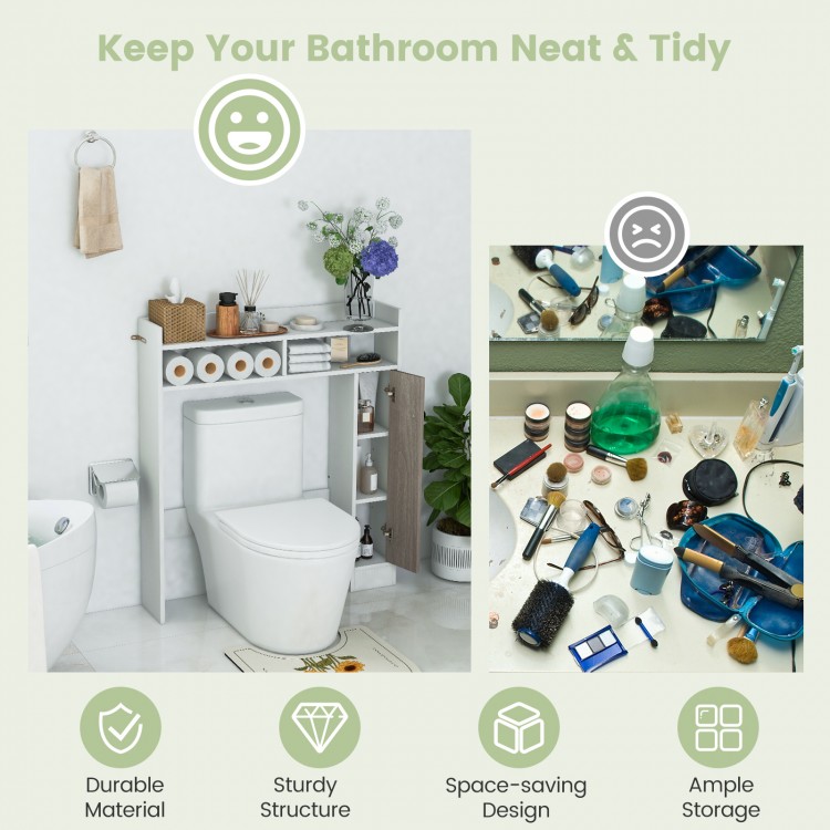 Bathroom over-the-toilet storage organizer in white with adjustable shelves for ample storage and space-saving design.