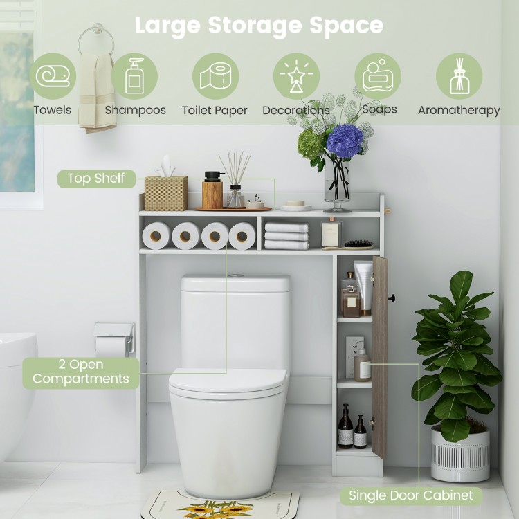 Bathroom over the toilet storage organizer in white with adjustable shelves and ample storage for essentials.