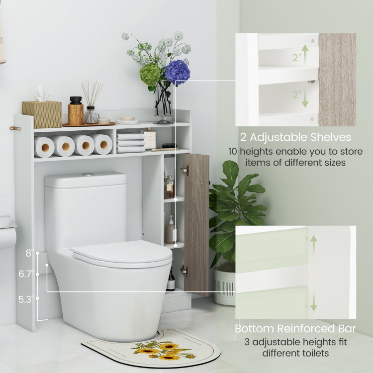 Bathroom over-the-toilet storage organizer in white with adjustable shelves and reinforced bar for efficient space use.