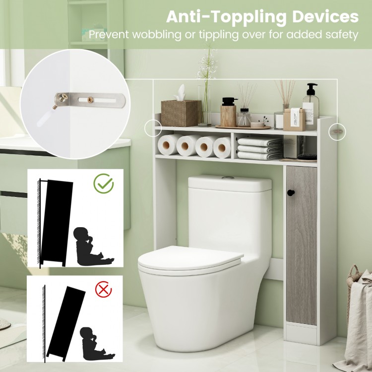 Bathroom over the toilet storage organizer in white with adjustable shelves and anti-toppling design for added safety.