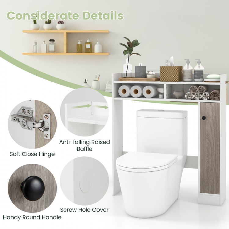 Bathroom over-the-toilet storage organizer with adjustable shelves and anti-toppling design for efficient space use.