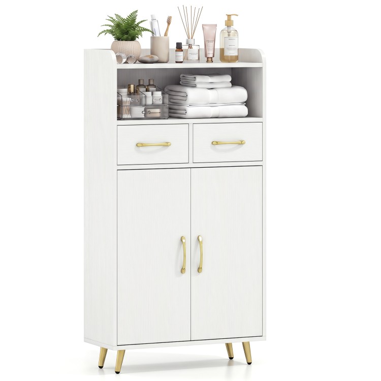 Elegant white bathroom storage cabinet with two doors and ample top space for displaying decorative items and toiletries.