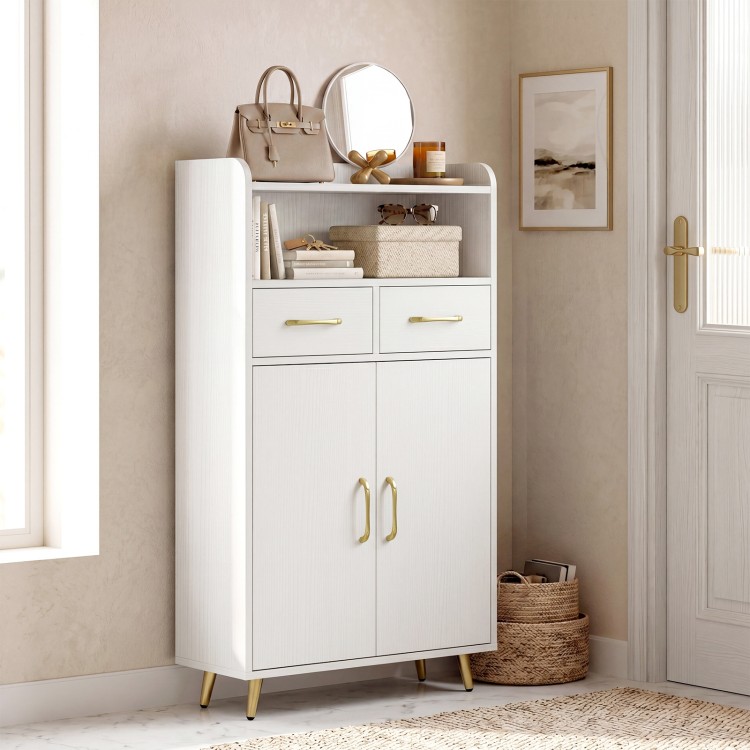 Freestanding white bathroom storage cabinet with 2 drawers and 2 doors, ideal for organizing personal items in any room.