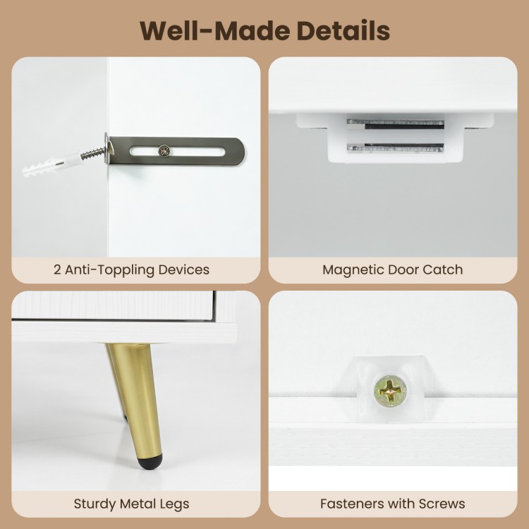 Well-made details of the freestanding white bathroom storage cabinet include sturdy metal legs and anti-toppling devices for safety.