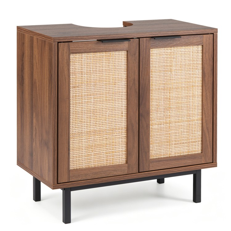 Freestanding bathroom storage cabinet with U-shaped cut-out, rattan doors, and sturdy metal legs in brown and natural.