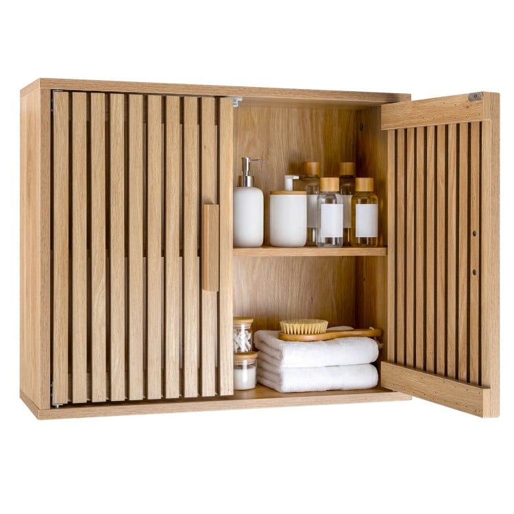 Bathroom wall cabinet with slatted doors, adjustable shelves, and natural finish for versatile storage in any space.