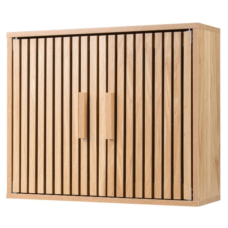 Bathroom wall cabinet with slatted doors, natural finish, featuring adjustable shelves for versatile storage solutions.