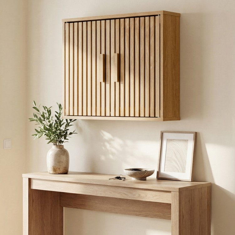 Bathroom wall cabinet with slatted doors, adjustable shelves, and natural finish, ideal for organized storage in any.