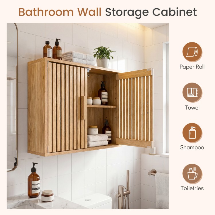 Bathroom wall cabinet with slatted doors and adjustable shelves, ideal for storing towels and toiletries in a stylish.