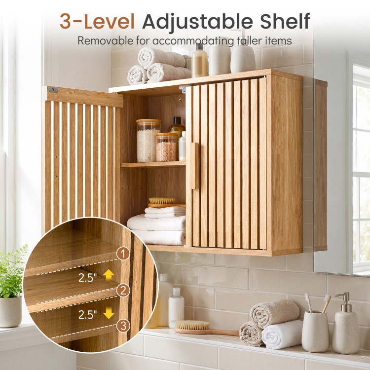 Bathroom wall cabinet with slatted doors and 3-level adjustable shelves for versatile storage in natural finish.