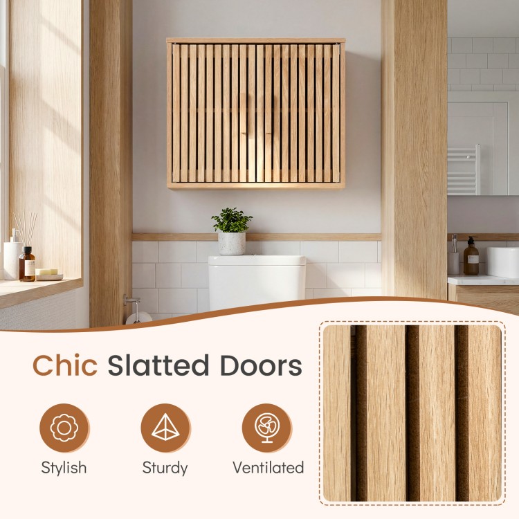 Bathroom wall cabinet showcasing stylish slatted doors and a natural wood finish, ideal for ventilated storage.