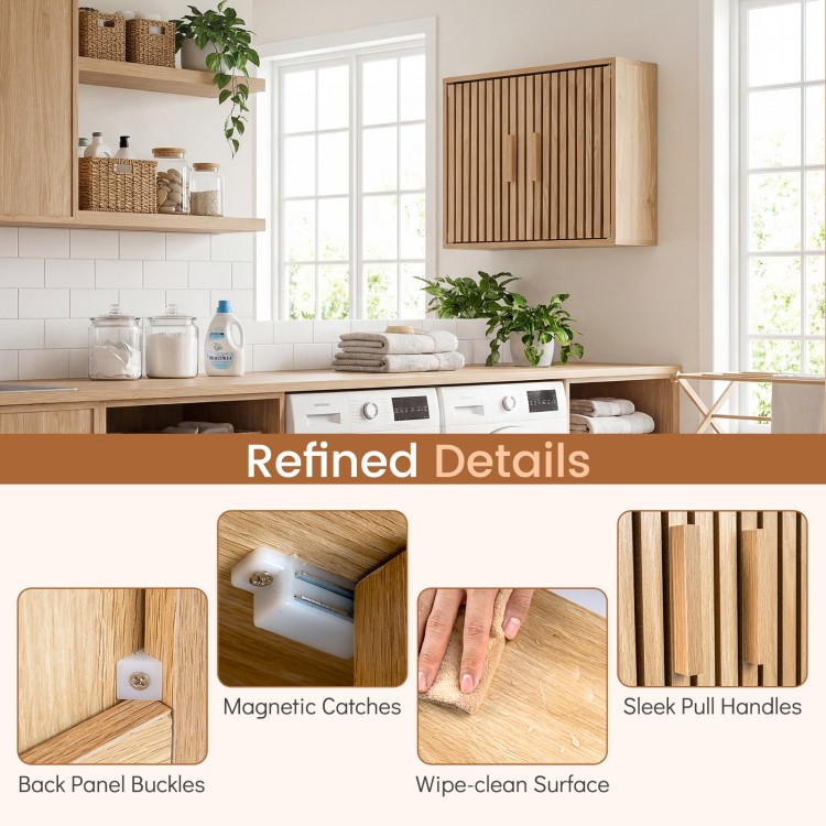 Bathroom wall cabinet with slatted doors, adjustable shelves, and sleek pull handles for versatile storage solutions.