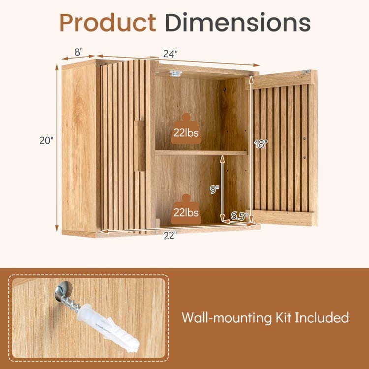 Bathroom wall cabinet with slatted doors, adjustable shelves, and wall-mounting kit for versatile storage solutions.