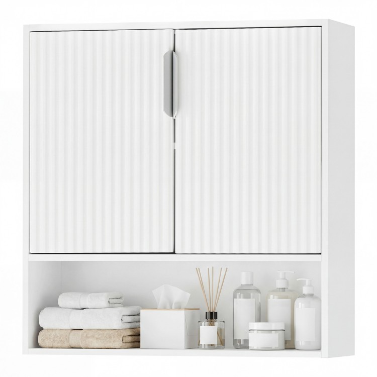 Bathroom wall cabinet in white with fluted doors, open cube, and adjustable shelf for organized storage.