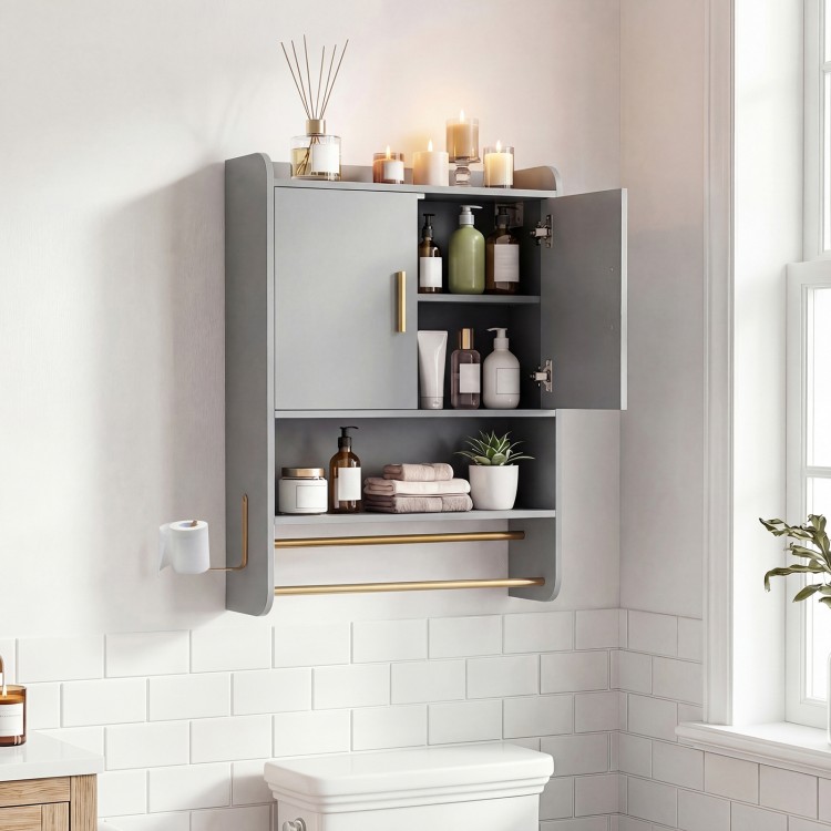 Wall-mounted grey bathroom cabinet with two doors, towel bars, and adjustable shelves for organized storage.