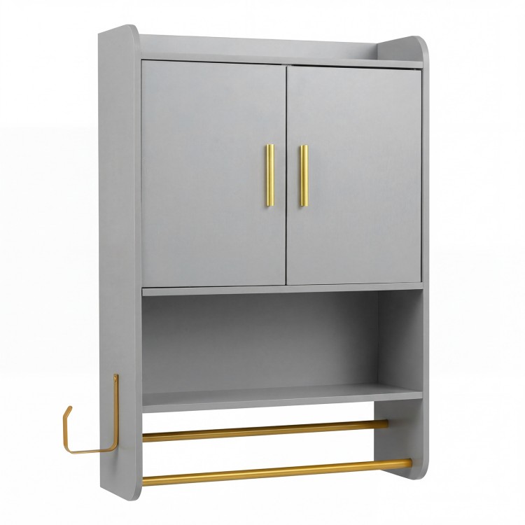 Wall-mounted grey bathroom cabinet with two doors, towel bars, and gold handles for organized storage and easy access.