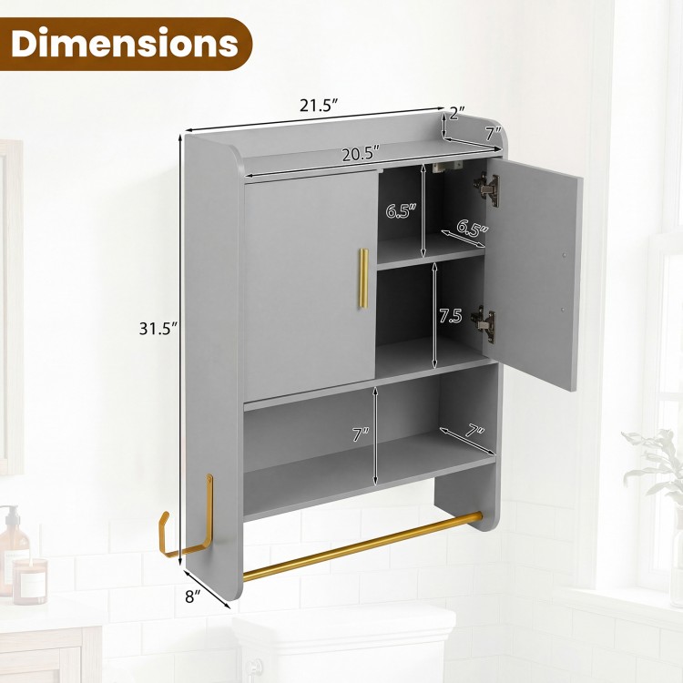 Dimensions of the grey wall-mounted bathroom cabinet with towel bars, featuring adjustable shelves and soft-close.