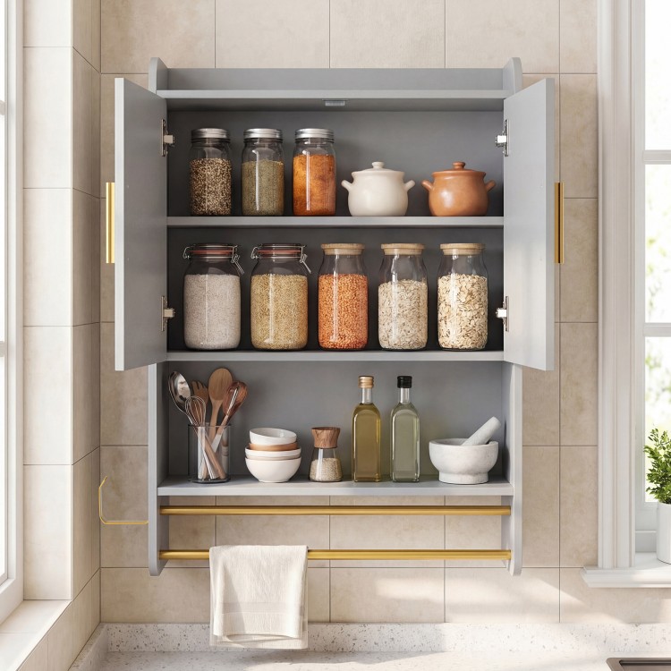 Wall-mounted grey bathroom cabinet with two doors, adjustable shelves, and towel bars for organized storage.