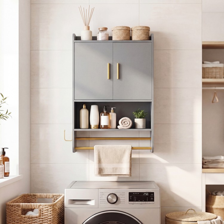 Wall-mounted grey bathroom cabinet with towel bars, featuring closed storage, open shelf, and golden handles for modern.