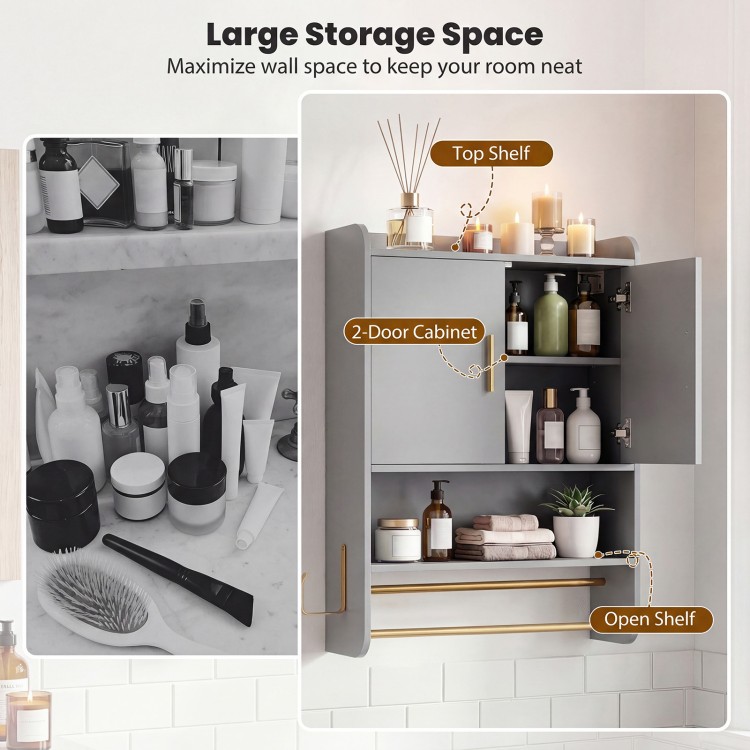 Wall-mounted grey bathroom cabinet with 2-door storage, open shelf, and towel bars for organized space-saving.