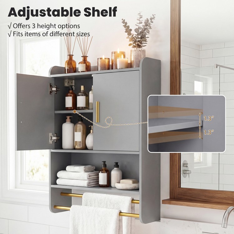 Bathroom wall cabinet in grey with adjustable shelves and towel bars, maximizing space and keeping items organized.
