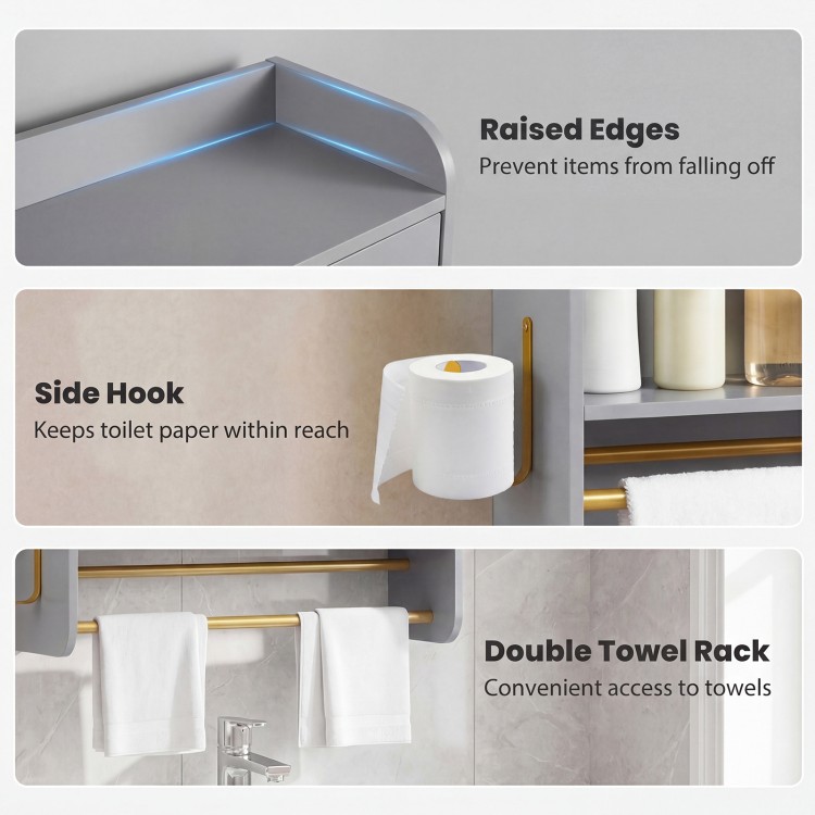 Bathroom wall cabinet in grey with raised edges, side hook for toilet paper, and double towel rack for convenience.