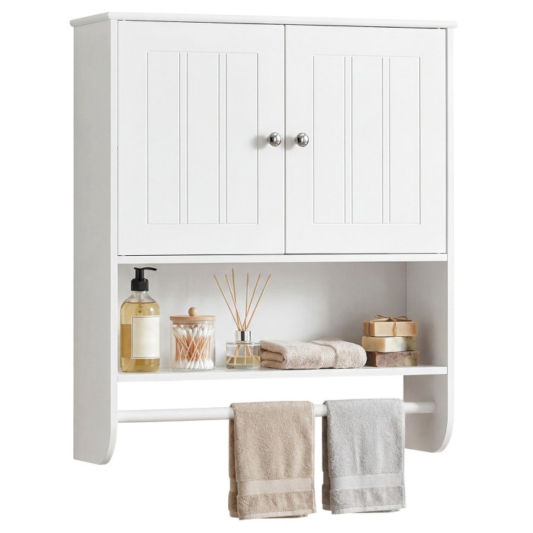 Bathroom wall cabinet in white with towel bar, adjustable shelf, and open storage for towels and toiletries.