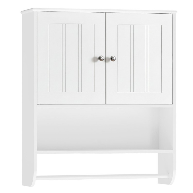 White bathroom wall cabinet with two doors, adjustable shelf, towel bar, and open shelf for versatile storage solutions.