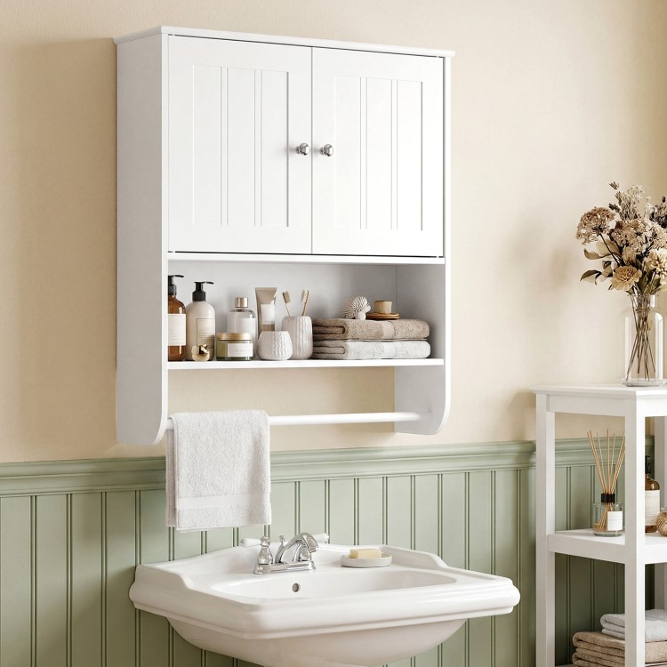 Bathroom wall cabinet in white with adjustable shelf, towel bar, and open shelf for organized storage and space-saving.
