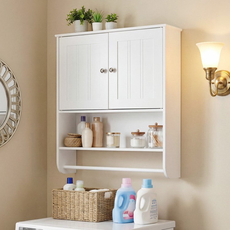 Bathroom wall cabinet in white with towel bar, adjustable shelf, and open storage for toiletries and towels.