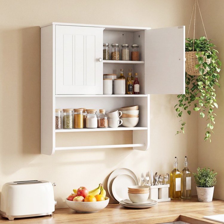 White bathroom wall cabinet with adjustable shelf, towel bar, and open shelf for organized storage in any home style.