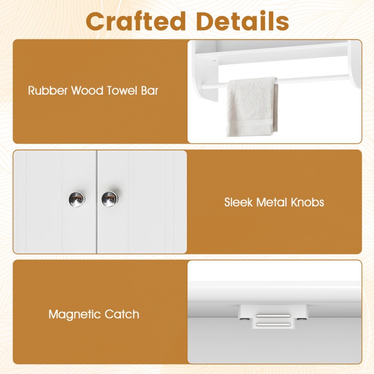 Rubber wood towel bar and sleek metal knobs on a white bathroom wall cabinet with adjustable shelf for versatile.