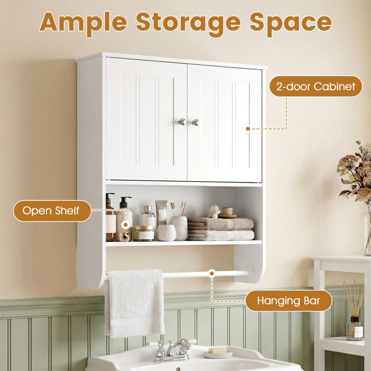 Bathroom wall cabinet in white with 2-door cabinet, open shelf, and towel bar for versatile storage solutions.