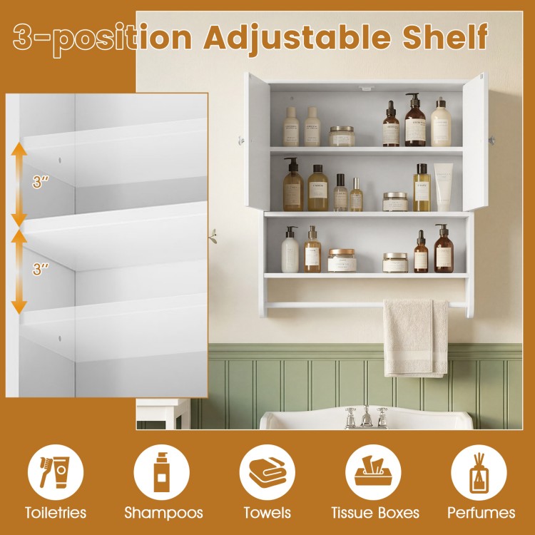 Adjustable white bathroom wall cabinet with open shelf, perfect for shampoos, towels, and toiletries storage.