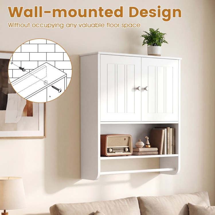 Wall-mounted bathroom cabinet in white with adjustable shelf, towel bar, and open storage for towels and toiletries.