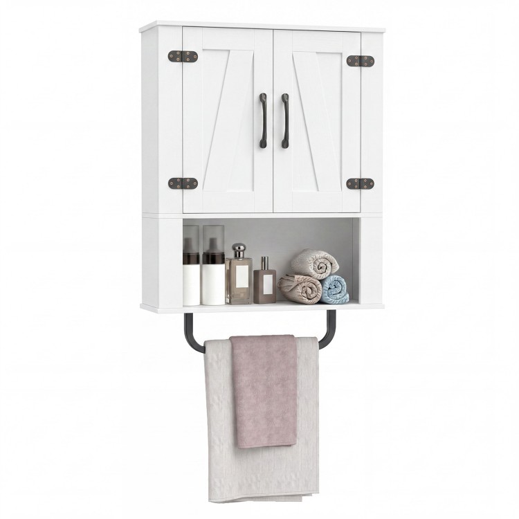 Bathroom wall cabinet with 2 barn doors, towel bar, and 3-tier storage for toiletries and decor in white finish.