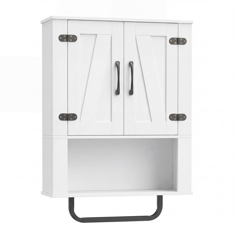 White bathroom wall cabinet with 2 barn doors, towel bar, and 3-tier storage for toiletries and decorations.