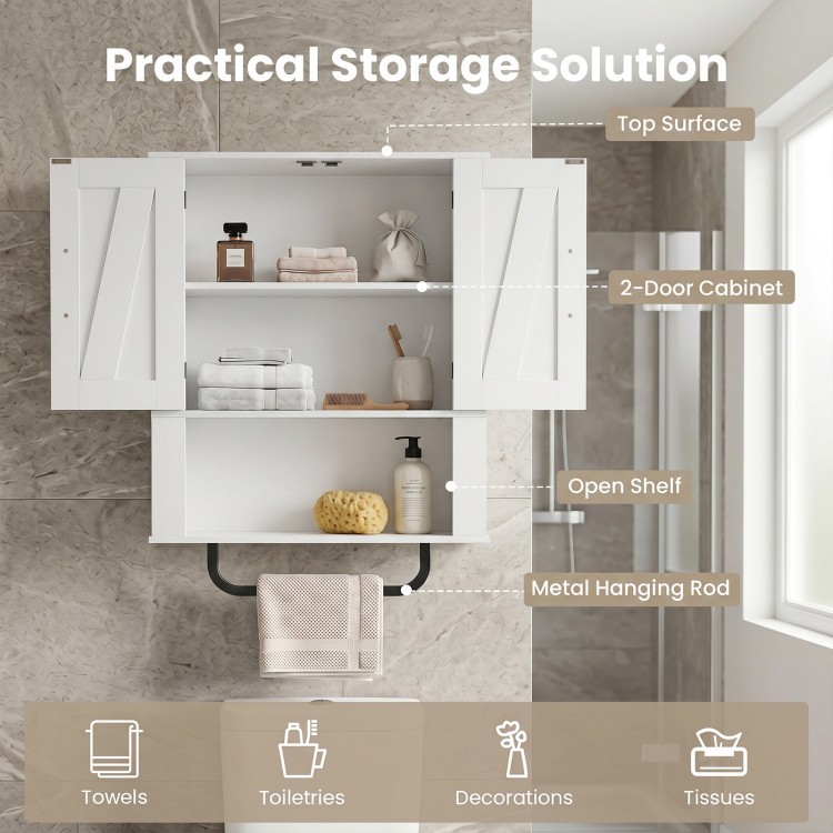 Bathroom wall cabinet with 2 barn doors, towel bar, and 3-tier storage for toiletries and decorations in white.