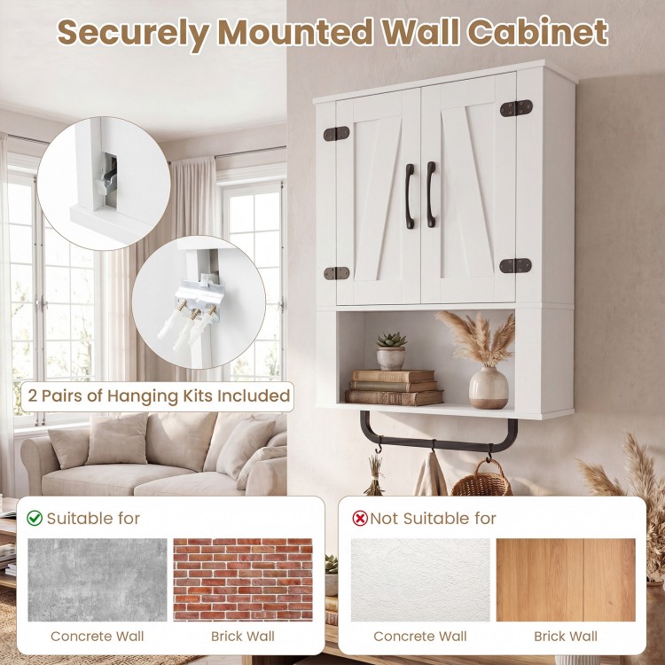 Bathroom wall cabinet with 2 barn doors, towel bar, and 3-tier storage, ideal for concrete and brick walls.