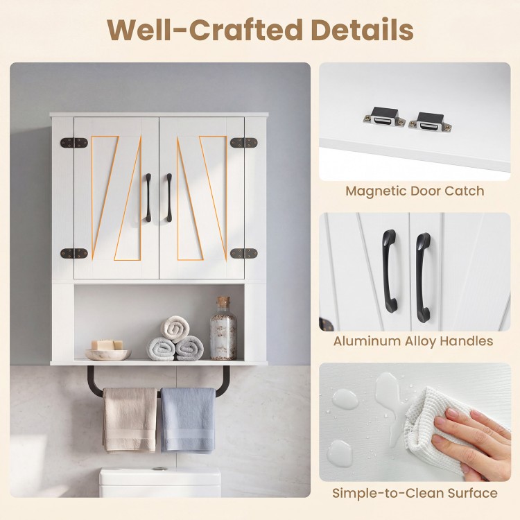 Bathroom wall cabinet with barn doors, aluminum alloy handles, and towel bar, featuring an easy-to-clean surface.