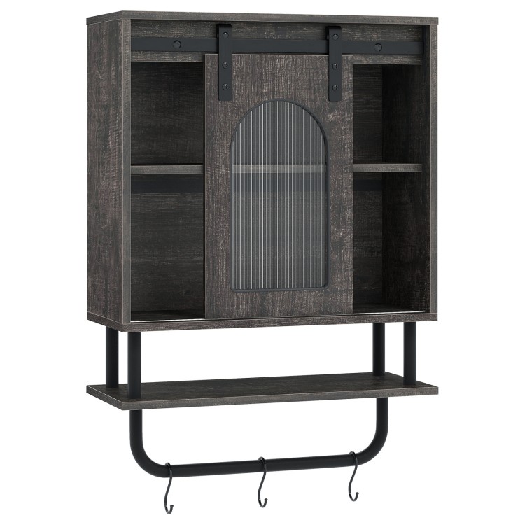 Bathroom wall cabinet featuring a wood grain finish, sliding barn door, and metal bar with hooks for versatile storage.