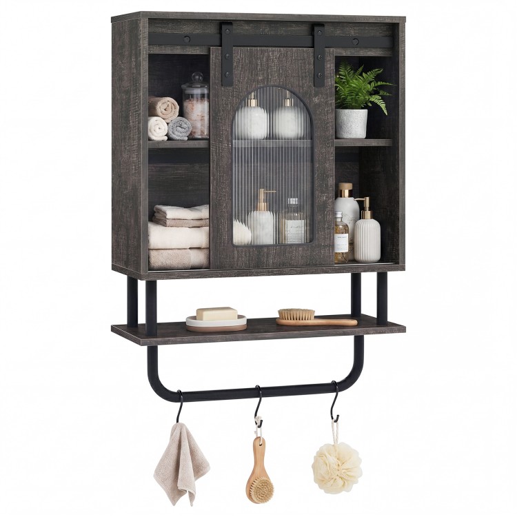 Bathroom wall cabinet with transparent door and metal hooks, offering stylish storage and easy access for towels and.
