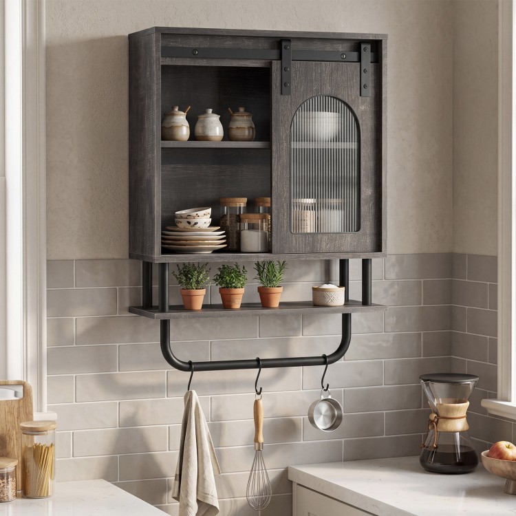 Bathroom wall cabinet with sliding barn door, 3-tier design, and metal hanging bar for organized storage and style.