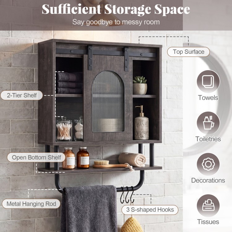 Bathroom wall cabinet with sliding barn door, 3-tier storage, and metal hanging bar with hooks for organized space.
