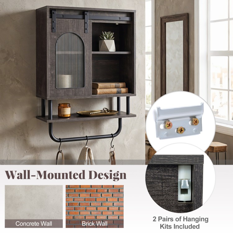 Bathroom wall cabinet with sliding barn door, metal hanging bar, and 3 hooks for organized storage in black finish.
