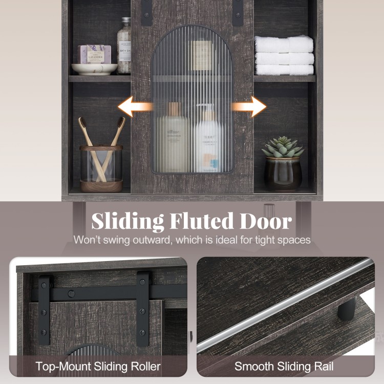 Bathroom wall cabinet with sliding barn door, 3 hooks, and wood grain finish, perfect for tight spaces and organized.